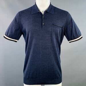 LANVIN Size M Navy Black Stripe Wool Blend One Pocket Polo